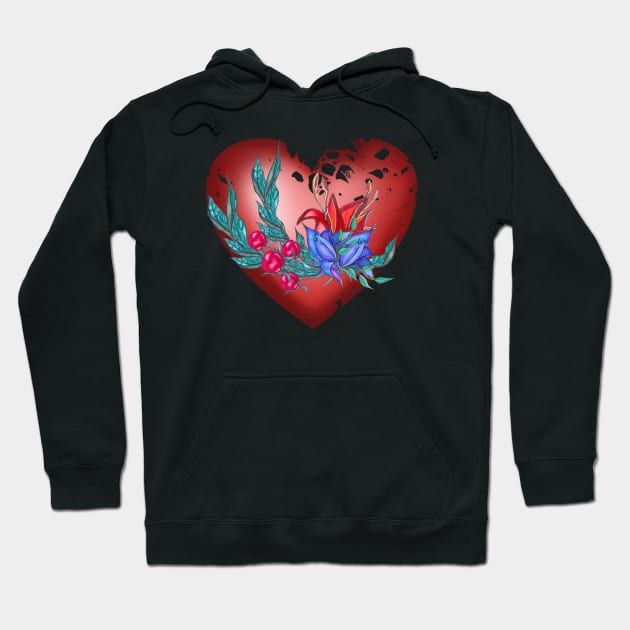 Heart with blue and red flowers and green branches Hoodie by KateQR